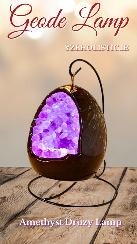 AMETHYST CRYSTAL GEODE EGG LAMP CATHEDRAL DRUZY CRYSTAL CLUSTER PURPLE IRON HOLDER EGG GEODE SHAPE 
