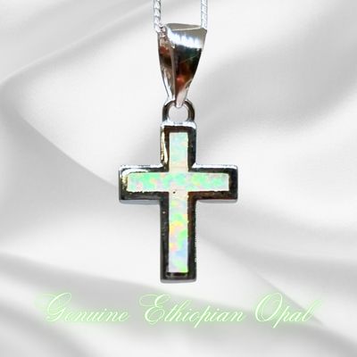 Ethiopian Opal Cross Natural Stone Pendant 925 Sterling Silver 