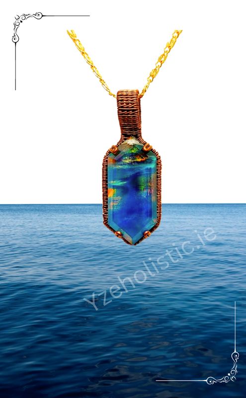 Aurora Blue Opal Fire Heloxahon Cabochon Wirewrapped Crystal Amulet Necklace  Multicolour 