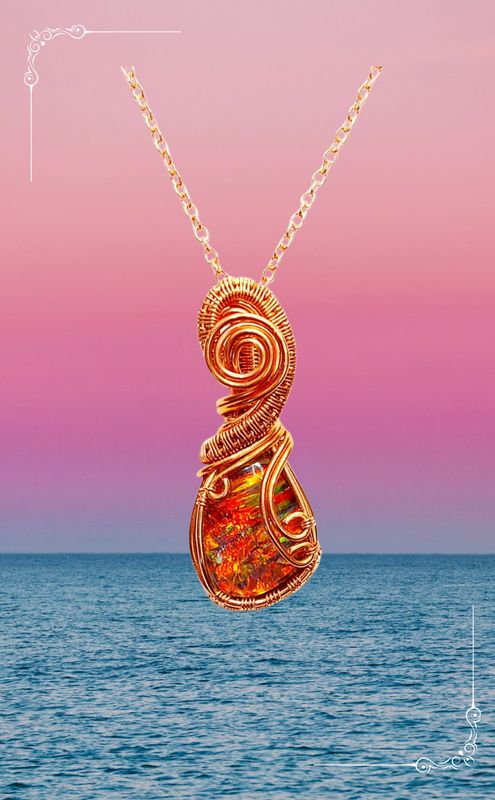 Aurora Fire Opal Crystal Necklace Cabochon Wirewrapped Copper Drop Shape Crystal Amulet Pendant 