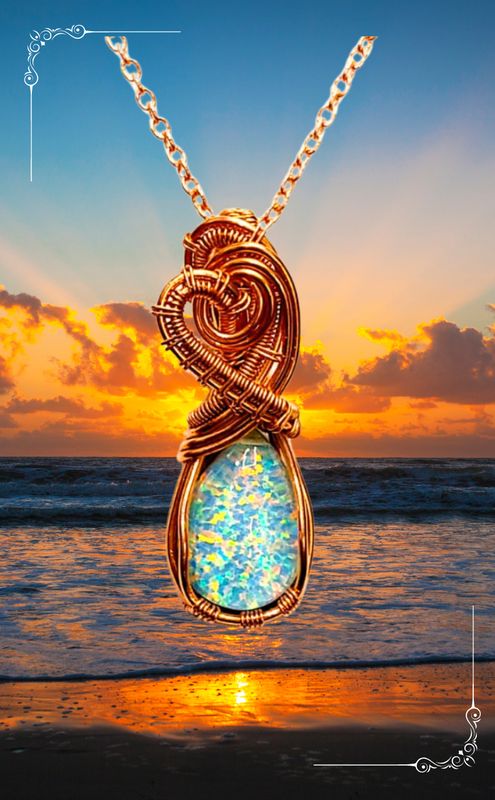 Aurora White Multicolour Opal Drop Cabochon Wirewrapped Crystal Amulet Necklace 
