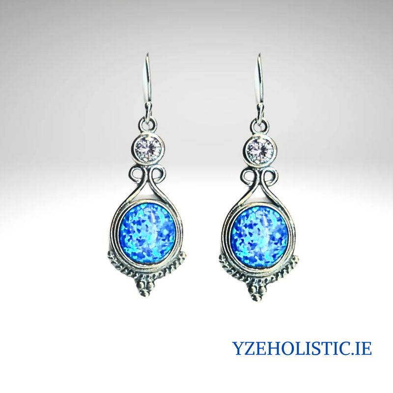 Blue Fire Opal and Herkimer Diamond Crystal Oval Drop Shape Earrings 925 Sterling Silver