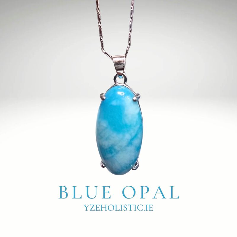 Blue Opal Natural Stone Crystal 925 Sterling Silver Pendant Necklace