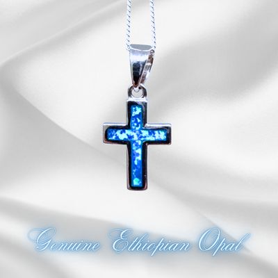 Fire Blue Ethiopian Opal Cross Natural Stone Pendant 925 Sterling Silver ±20 mm