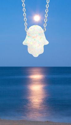 Hamsa Hand White Fire Opal Crystal Amulet Pendant 925 Sterling Silver 