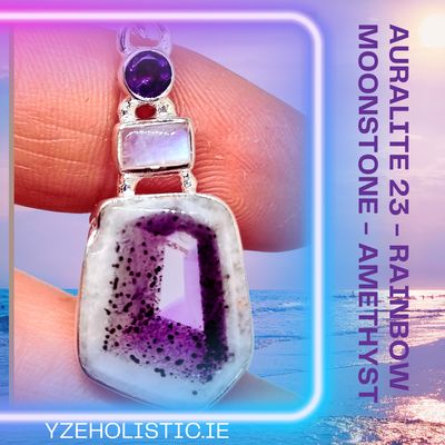 Auralite 23 Crystal -  Rainbow Moonstone -  Amethyst - Sterling Silver Amulet Necklace