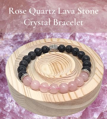 Crystal Bracelet Rose Quartz Lava Rock "CONQUER" Natural Stone Aromatherapy 
