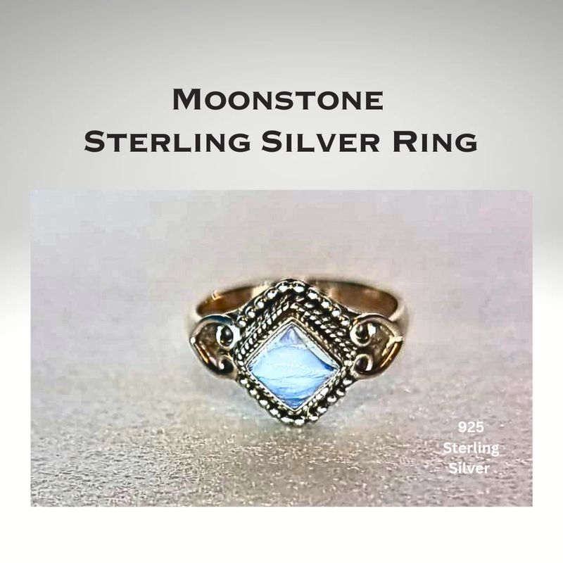 MOONSTONE RING DIAMOND SQUARE SHAPE STYLE 925 STERLING SILVER