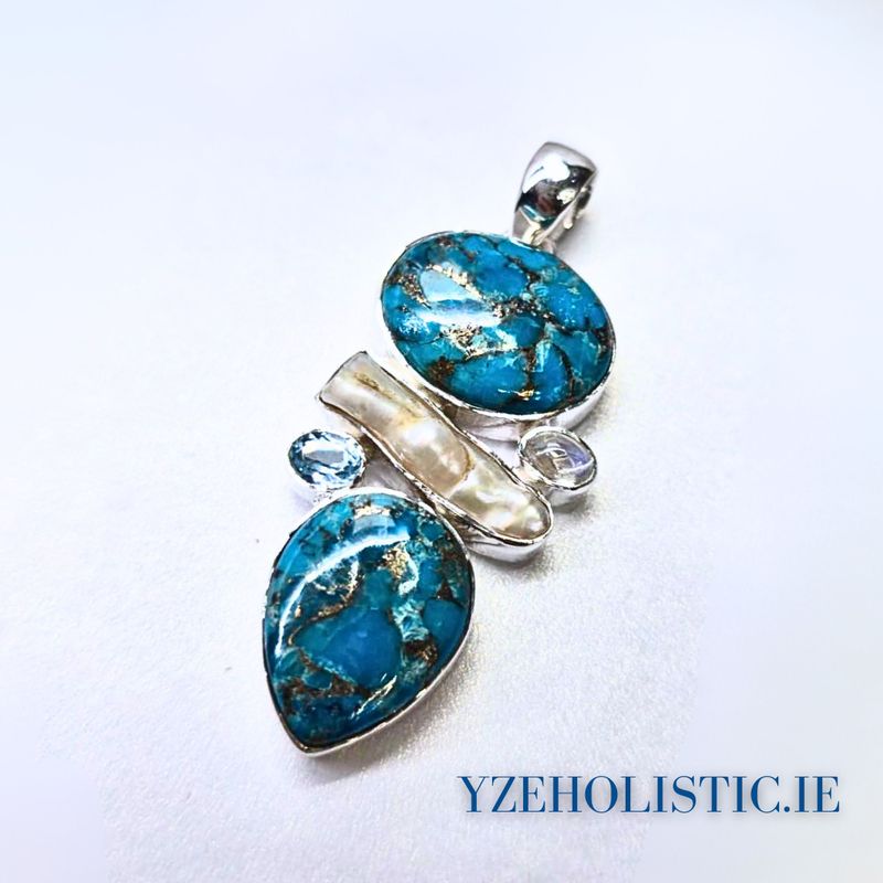 Turquoise Pearl Topaz Moonstone Combination Crystal Pendant Necklace 925 Sterling Silver