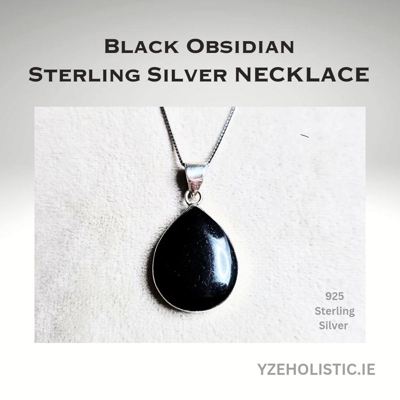 Black Obsidian Gemstone Drop Shape Necklace 925 Sterling Silver Crystal Pendant  
