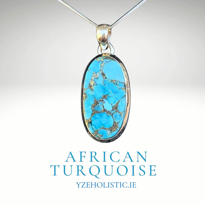 African Turquoise Pendant Necklace 925 Sterling Silver.