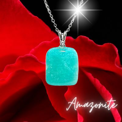 Amazonite Teal Green Amulet 925 Silver / Gold Pendant Crystal Necklace Rectangular 