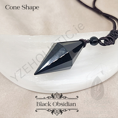 Black Obsidian Crystal Aura Body Protection Amulet Pendant  Necklace Cone Shape 