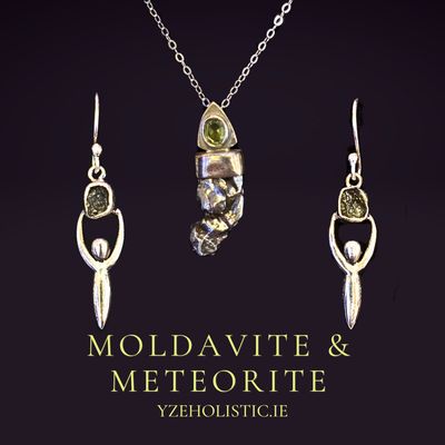 Meteorite Campo Del Cielo Genuine Moldavite Crystal 925 Sterling Silver Necklace Pendant &amp; Earrings Natural Stone Jewellery Set