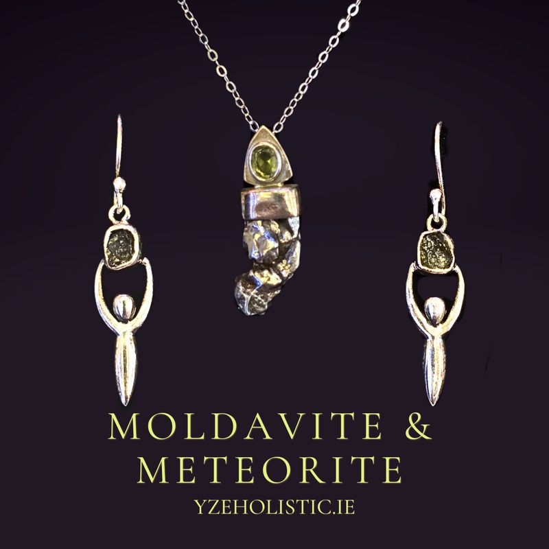 Meteorite Campo Del Cielo Genuine Moldavite Crystal 925 Sterling Silver Necklace Pendant &amp; Earrings Natural Stone Jewellery Set