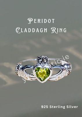 Sterling Silver Claddagh Celtic Ring Peridot Green Crystal
