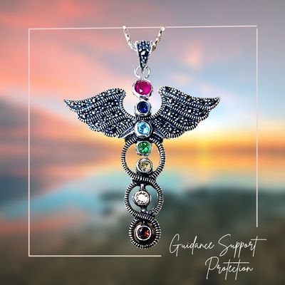 Angel Wings Necklace Chakra Crystal Caduceus Pendant
