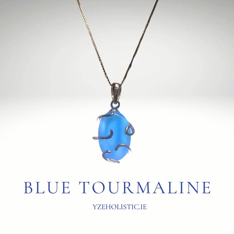 Blue Tourmaline Natural Stone 925 Sterling Silver Pendant Necklace