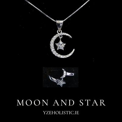 Silver Moon and Star 925 Sterling Silver Pendant Necklace &amp; Adjustable Ring Set