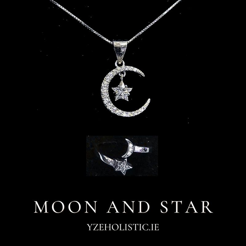 Silver Moon and Star 925 Sterling Silver Pendant Necklace &amp; Adjustable Ring Set