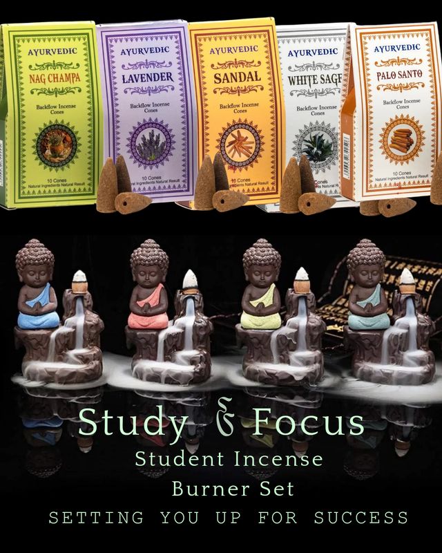 Study Kit - Buddha Incense Holder Burner Set with Backflow Incense Cones &amp; Sticks