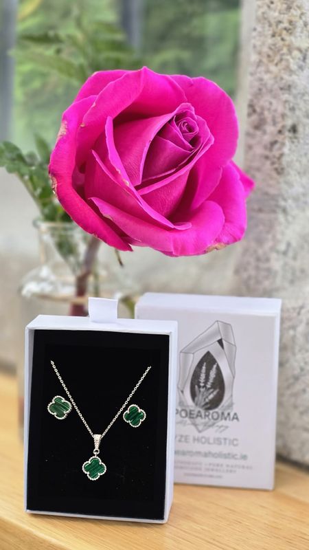 Malachite Stone 925 Sterling Silver Cross Lucky Clover Leaf Jewellery Collection Set