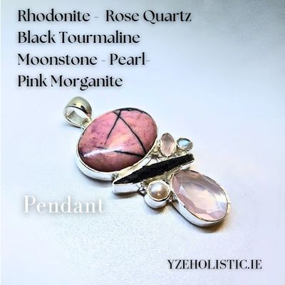 Rhodonite Rose Quartz Black Tourmaline Moonstone - Pearl- Pink Morganite Crystal Sterling Silver Pendant Necklace