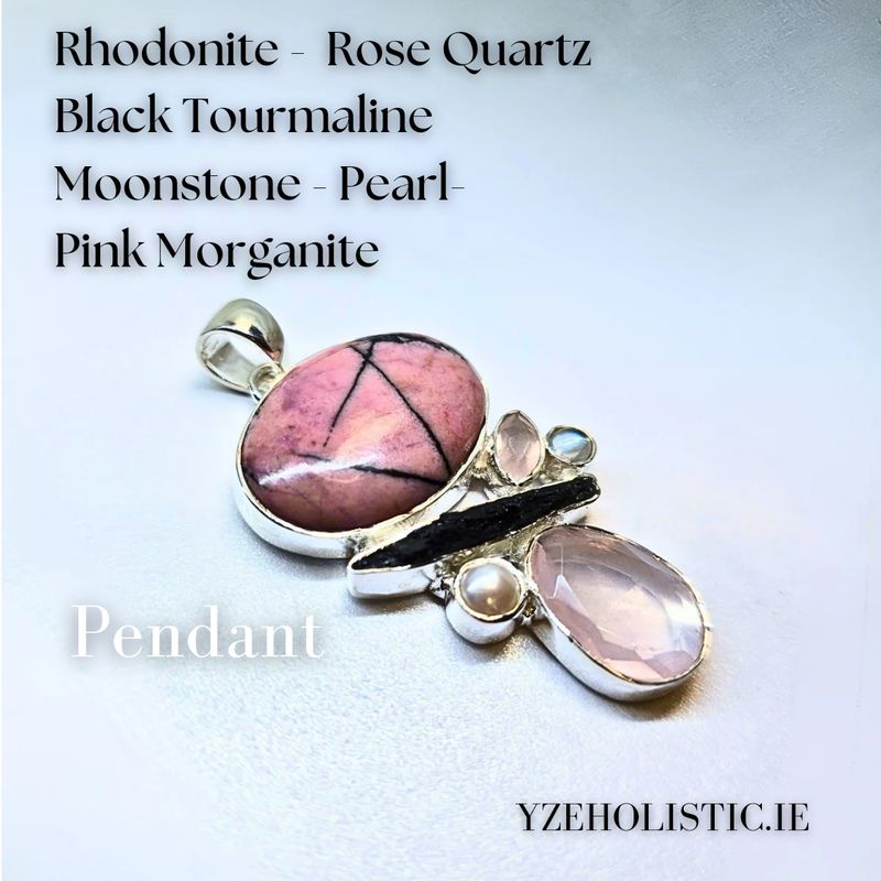 Rhodonite Rose Quartz Black Tourmaline Moonstone - Pearl- Pink Morganite Crystal Sterling Silver Pendant Necklace 