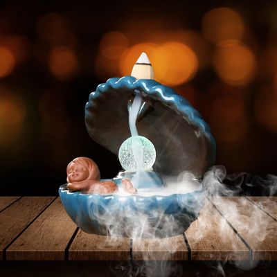 Waterfall Incense Burner Shell Mermaid Incense Pearl Lamp with LED lights, Ceramic Aromatherapy Ornament Home Decor