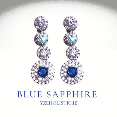 Blue Sapphire Crystal 925 Sterling Silver Earrings Long Round 