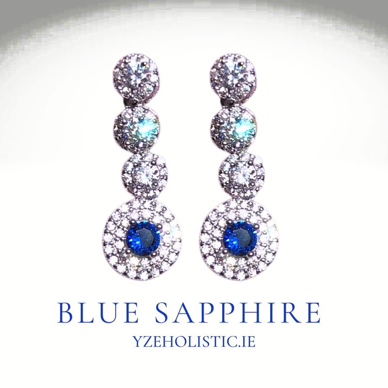 Blue Sapphire Crystal 925 Sterling Silver Earrings Long Round 