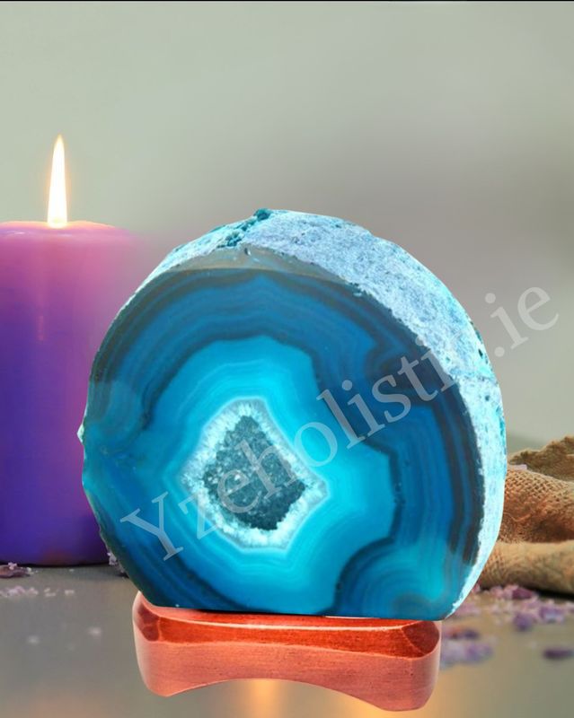 Agate Geode Lamp Crystal Cut Wooden Base Lamp Complete - Teal M