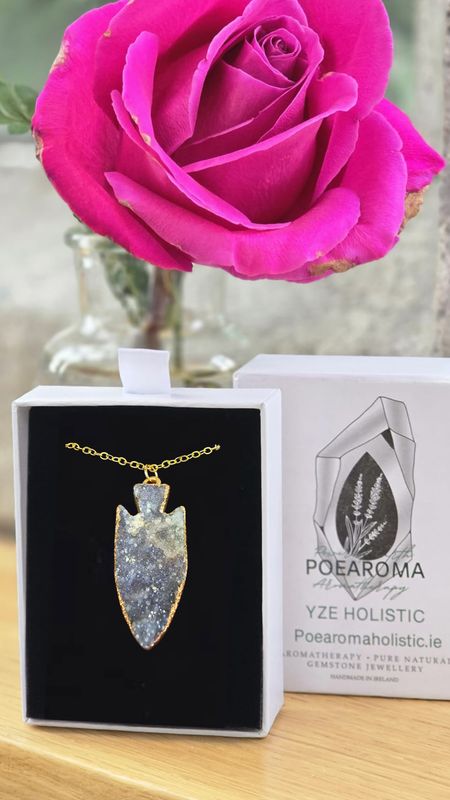 Blue Grape Agate Quartz Crystal Geode 18K  Gold Filled 925 Sterling Silver Pendant Necklace