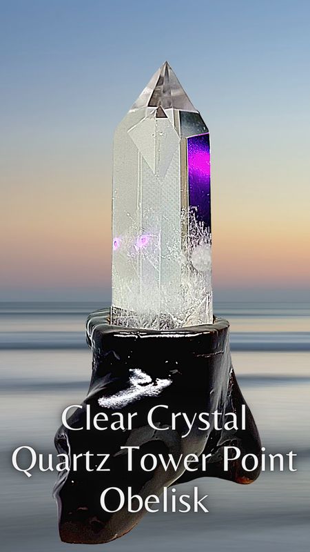 Clear Quartz Crystal Tower Point Obelisk - Clear Rock Quartz Crystal Master Healer Large with wooden base