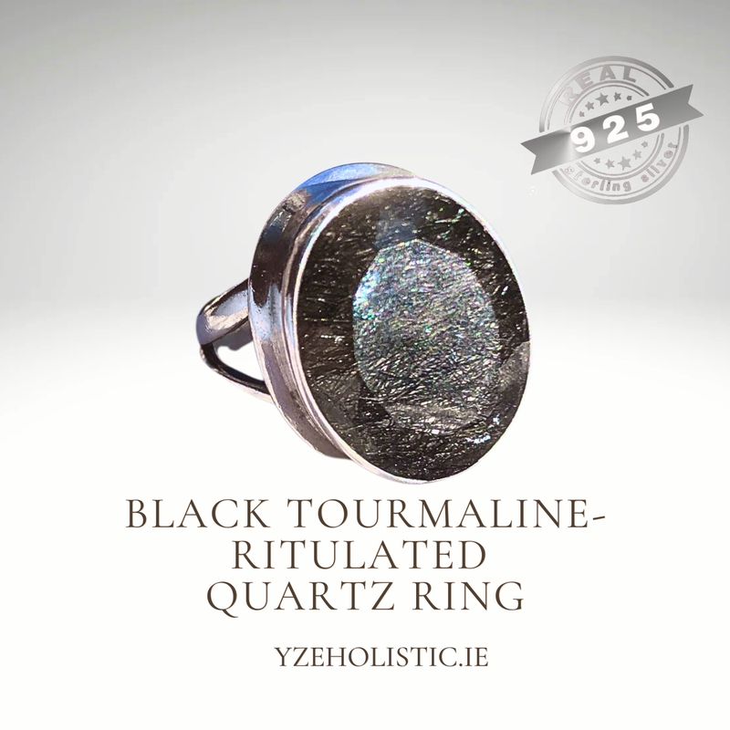 Black Tourmalinated Ritulated Quartz 925 Sterling Silver Ring 