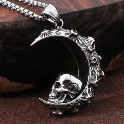 Gothic Crescent Skull Moon Solid Titanium Steel Pendant Silver Necklace