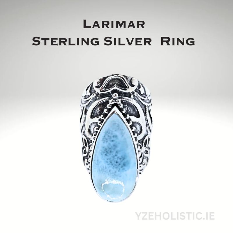 Larimar Crystal Ring - Larimar Gemstone AAA Grade, Genuine Natural 925 Sterling Silver 