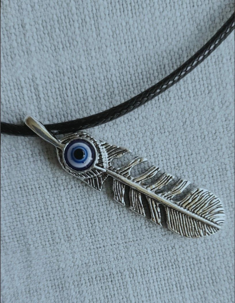 Evil Eye Feather Silver Necklace Blue