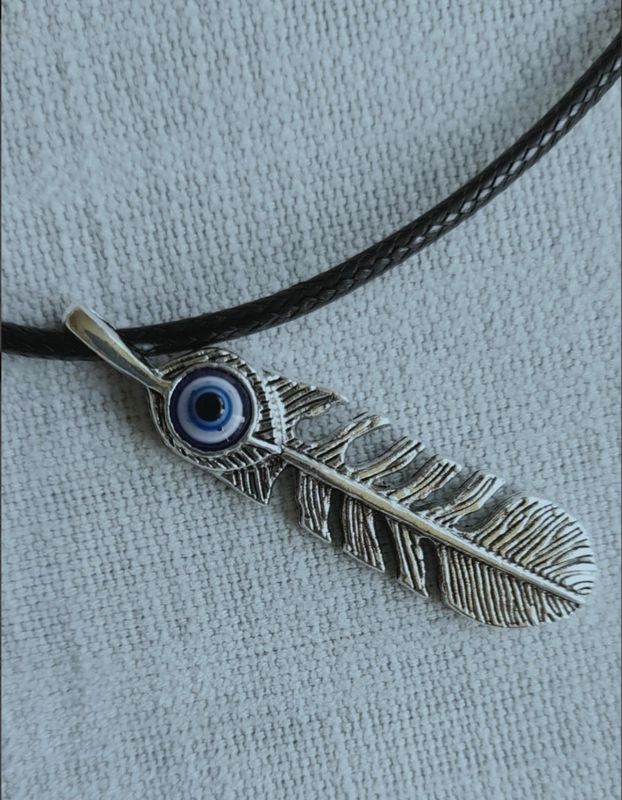 Evil Eye Feather Silver Necklace Blue