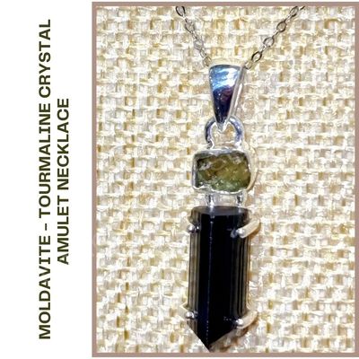 Black Tourmaline and Genuine Moldavite  Crystal Amulet Necklace Pendant Talisman 925 Sterling Silver 