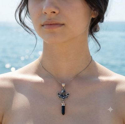Black Tourmaline and Moldavite  Crystal Amulet Necklace Pendant Talisman 925 Sterling Silver 
