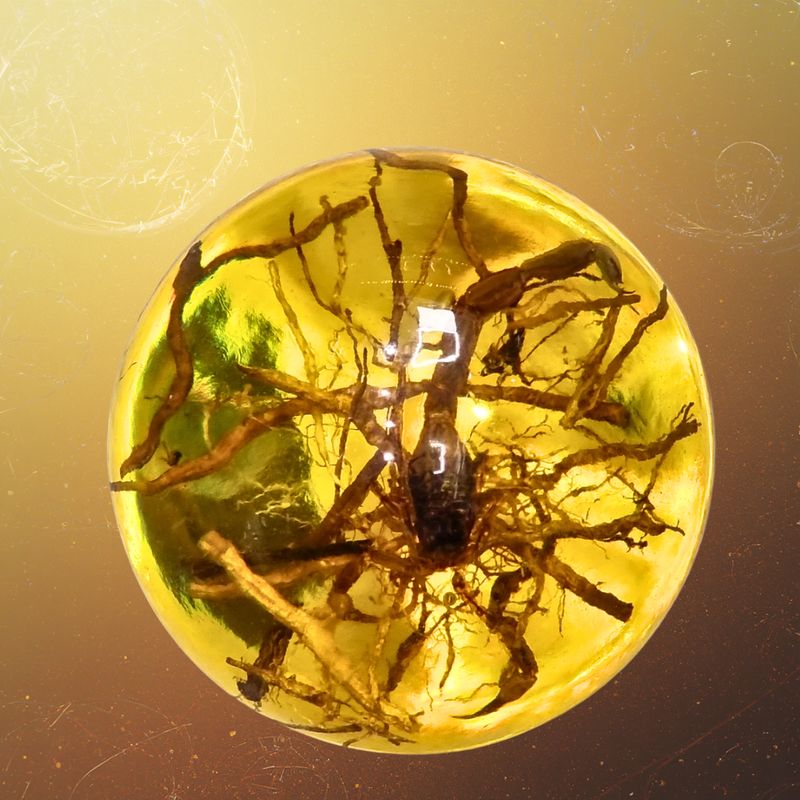 Natural Fossil Amber Crystal Sphere Featuring Rare Scorpio Insect Inclusion ±70mm