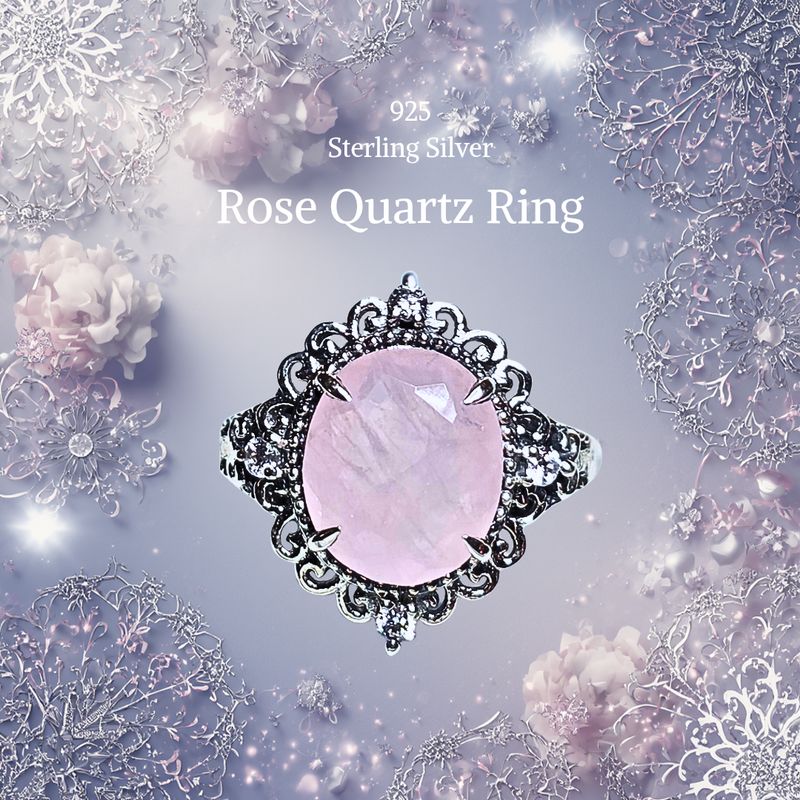 Rose Quartz Ring Crystal 925 Sterling Silver Vintage Oval Pink