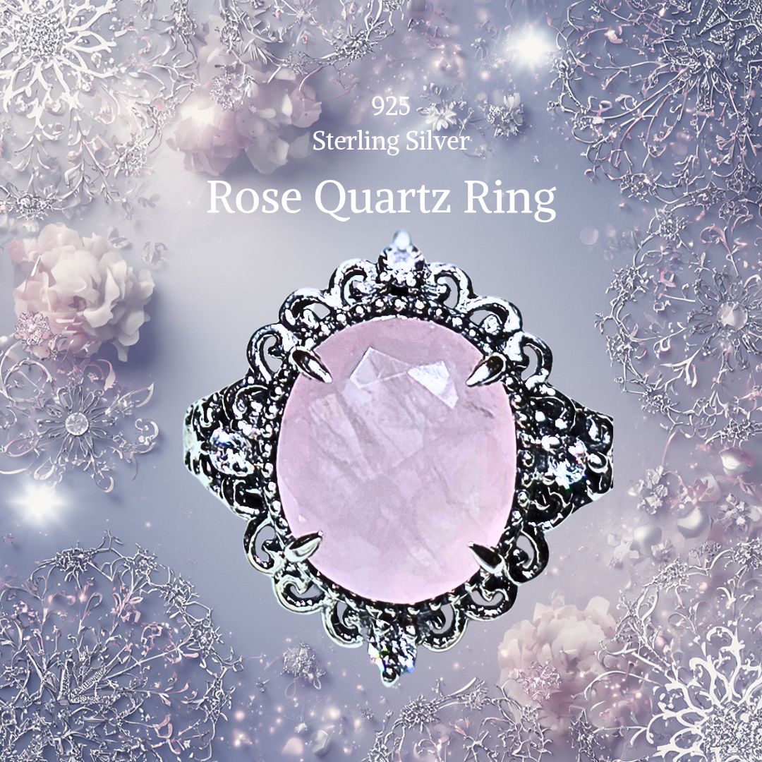 Rose Quartz Ring Crystal 925 Sterling Silver Vintage Oval Pink