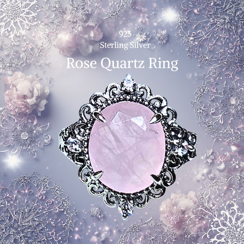 Rose Quartz Ring Crystal 925 Sterling Silver Vintage Oval Pink