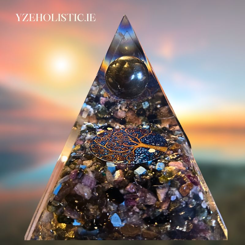 Orgone Pyramid  Fluorite with Pyrite Sphere Natural Quartz Positive Energy Generator Orgonite Crystal Chakra Healing Flower of life Meditation with Crystal and Copper Yoga 80mm