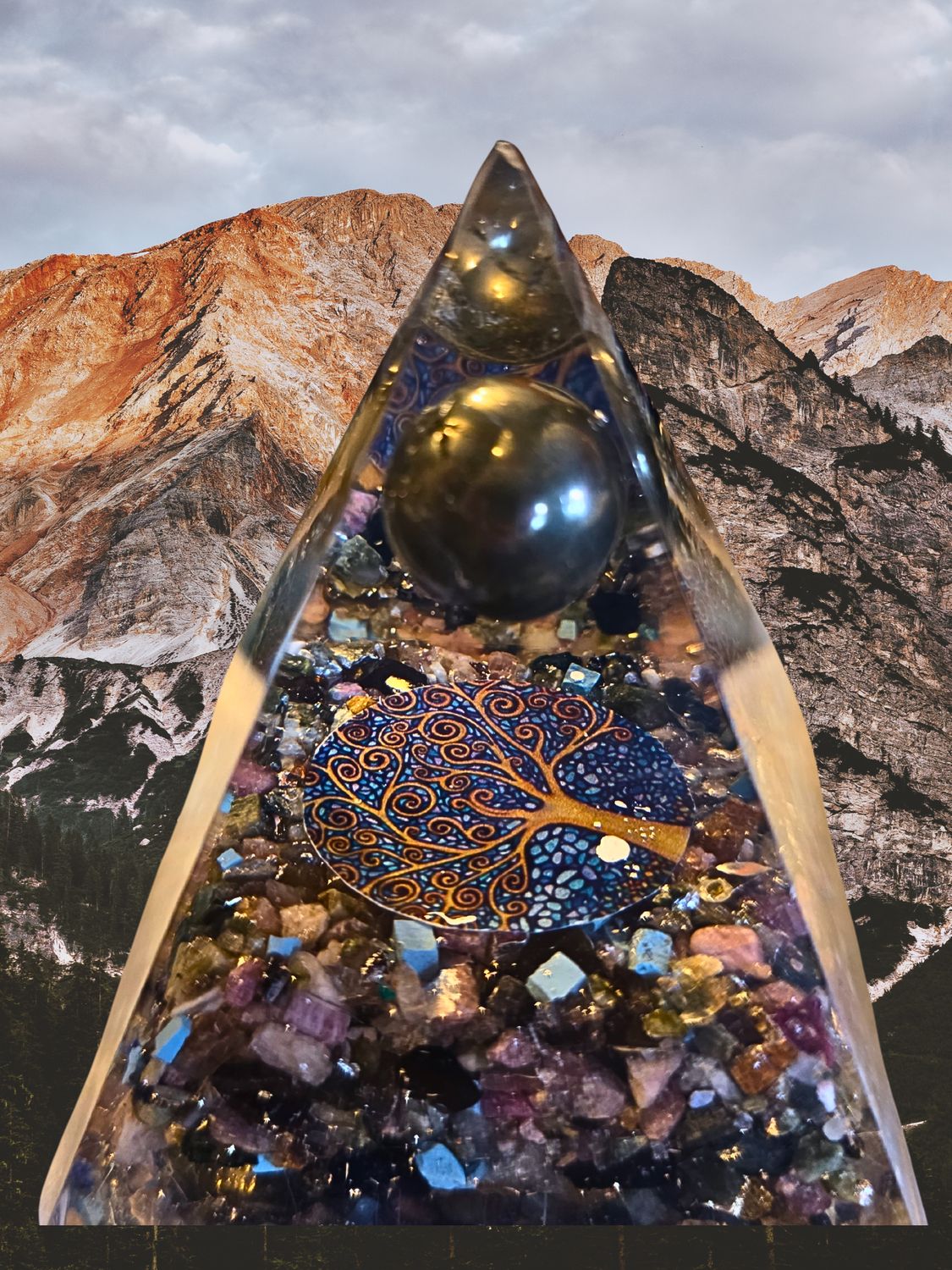 Orgone Pyramid  Fluorite with Pyrite Sphere Natural Quartz Positive Energy Generator Orgonite Crystal Chakra Healing Flower of life Meditation with Crystal and Copper Yoga 80mm