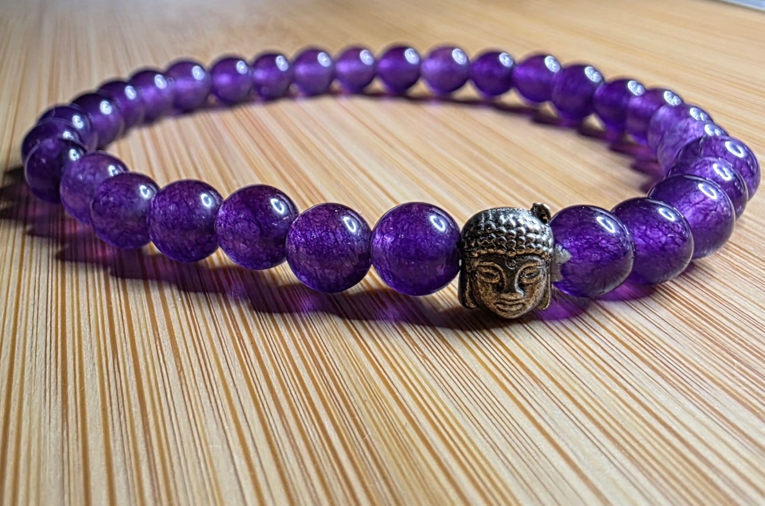 Amethyst Crystal Bracelet ±6 mm Bead Elastic Buddha Charm 