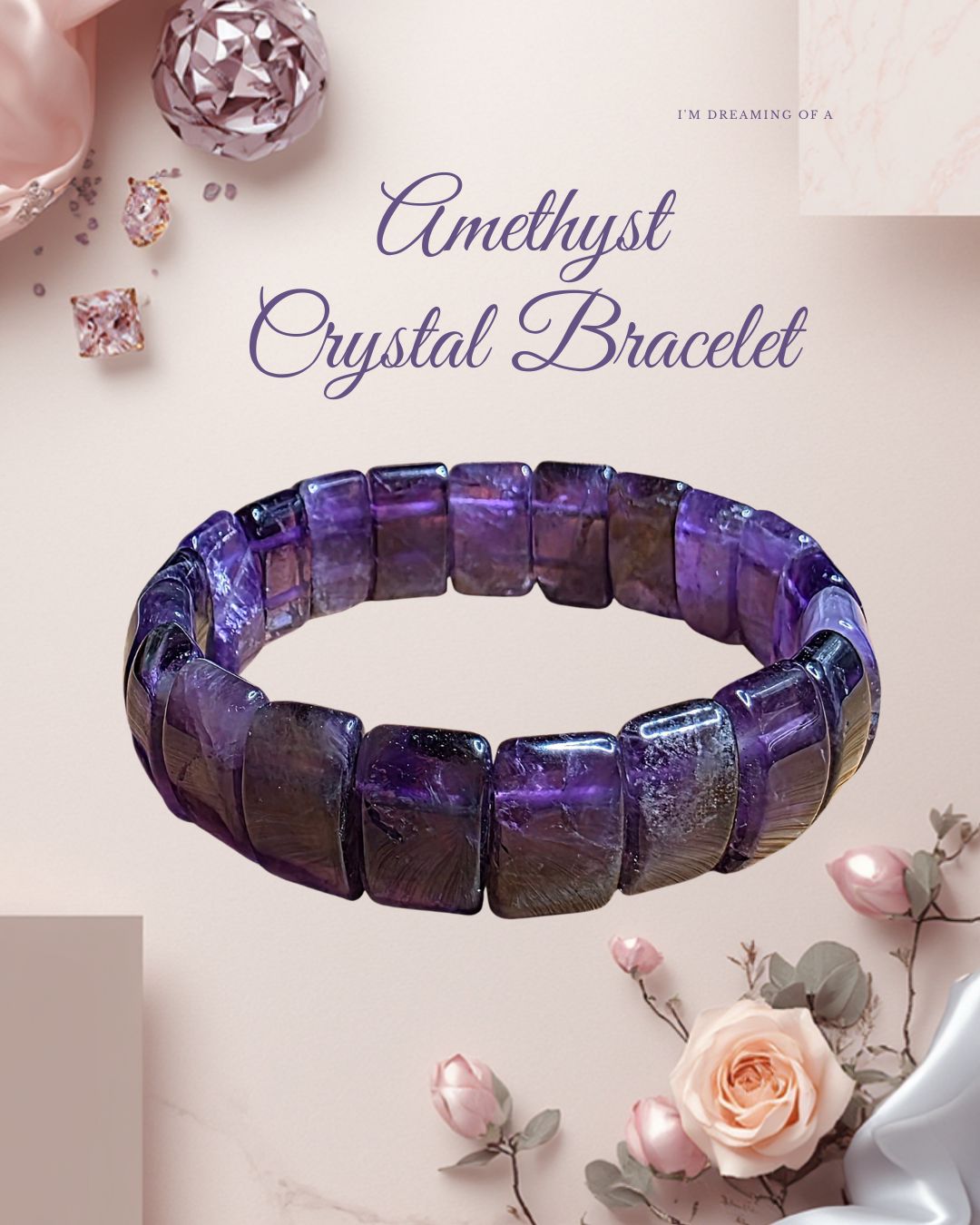 Amethyst Crystal Bracelet Amethyst Gemstone Elastic Rectangular Large Bead ±10×15mm