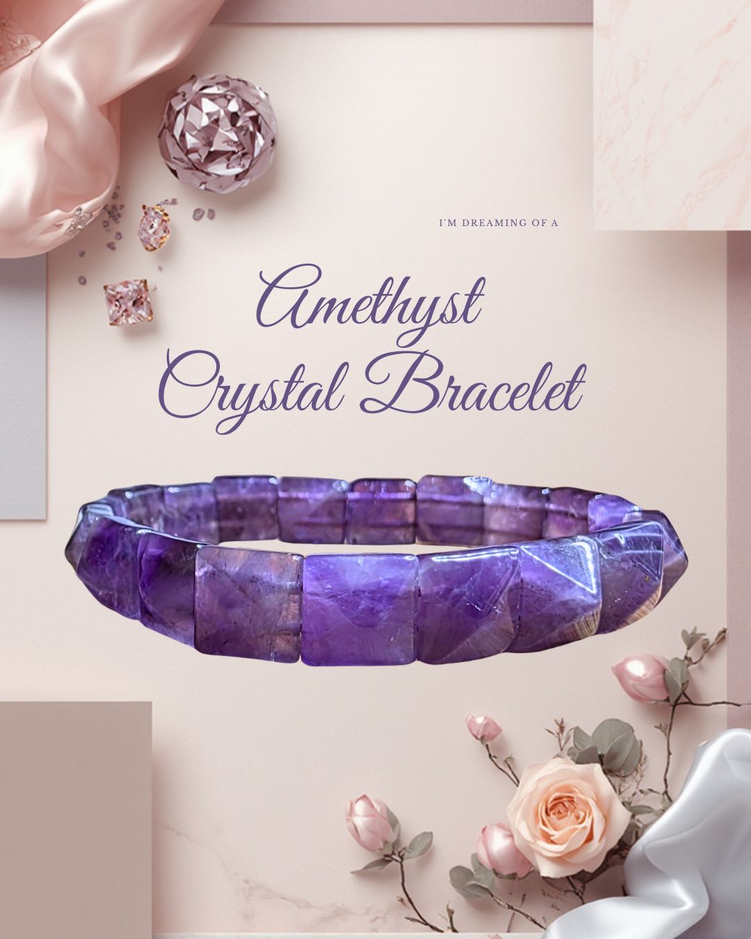 Amethyst Crystal Bracelet Amethyst Gemstone Elastic Square Large Bead ±10mm